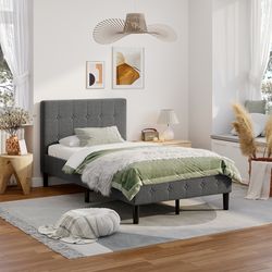 twin upholstered bed frame with button tufted headboard, modern platform bed with wood slats support & storage