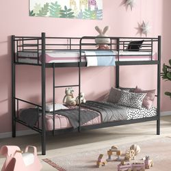 twin over twin metal bunk bed with ladder and full-length guardrails, heavy duty frame for kids, teens, dorm
