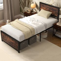 twin size bed frame metal with high headboard, mute bars, heavy-duty platform, no box spring, noise-free storage bed bas