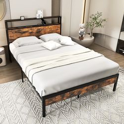 twin/full/queen bed frame with storage headboard and charging station – heavy duty metal platform with usb ports