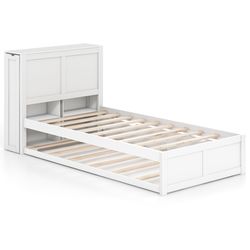 twin full kids wooden platform bed with trundle, storage headboard & mobile bookshelves, space-saving childrens bed