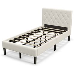 modern twin upholstered platform bed frame with button tufted headboard, sturdy wooden slats, no box spring needed
