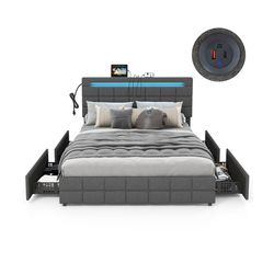 modern upholstered queen led bed frame with drawers and headboard, storage platform bed with lights, usb charging ports