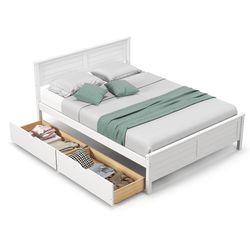 solid wood full size bed frame with storage drawers, modern platform bed with headboard, footboard & quiet support