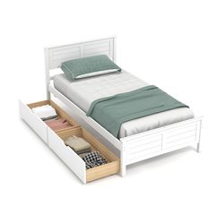 twin size bed frame with storage drawers, white wooden platform bed with headboard & footboard for bedroom, apartment