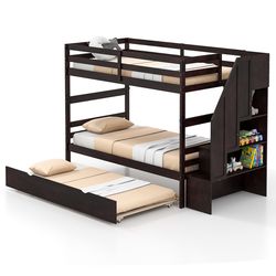home wood bunk bed with trundle, guard rail, and step storage stairs, no box spring needed, brown twin triple bed