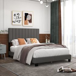 modern queen size upholstered platform bed frame in gray, vertical channel tufted headboard with linen fabric and wood