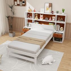 twin bed frame with storage headboard and 2 nightstands, platform bed with drawers & shelves, space-saving furniture