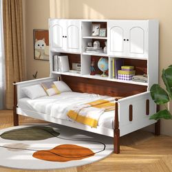 twin bed with bookcase shelves & wooden slat support, no box spring needed, storage bed for kids, teens & guest bedroom