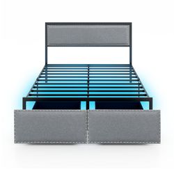 upholstered full bed frame with led lighting, drawer & metal platform support
