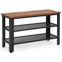 brown industrial shoe bench, shoe rack with storage shelves for entryway, hallway, mudroom, and closet organization