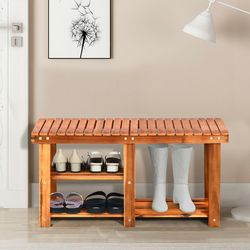 3-tier freestanding wooden shoe organizer with seat – sturdy shoe bench & storage shelf for entryway
