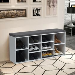 10-cube organizer shoe storage bench with cushion for entryway, adjustable shelves & padded seat for hallway, bedroom