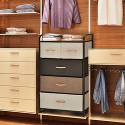 4-tier organizer tower steel frame wooden top storage unit with 5-drawer dresser for bedroom closet entryway