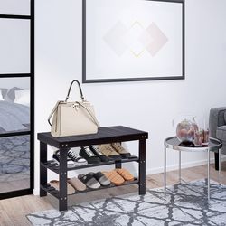 3 tier bamboo bench storage shoe shelf sturdy, multi-functional entryway organizer