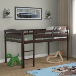 wooden twin low loft bunk bed with guard rail and ladder for kids teens, space-saving elevated bed frame for small room