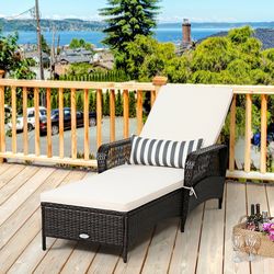 outdoor wicker chaise lounge chair with pillow, cushion & 6-gear adjustable backrest, heavy-duty patio furniture