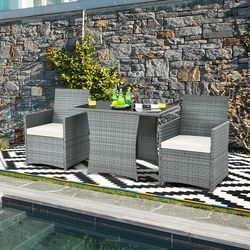 3-piece patio rattan furniture set with cushioned armrest sofa, compact outdoor dining set for garden, balcony & porch