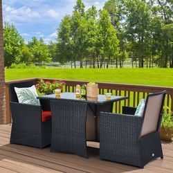 3-piece patio rattan furniture set with cushion and sofa armrest, space-saving outdoor dining set