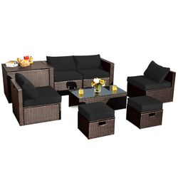 8-piece patio space-saving rattan furniture set with storage box & waterproof cover, all-weather outdoor seating