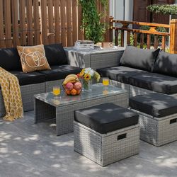 8-piece patio rattan furniture set with storage box, waterproof cover & thick cushions, space-saving design