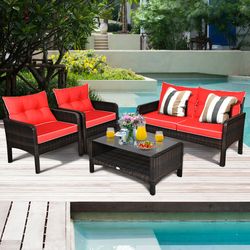 4-piece outdoor rattan wicker loveseat furniture set with cushions & coffee table, free combination patio sofa