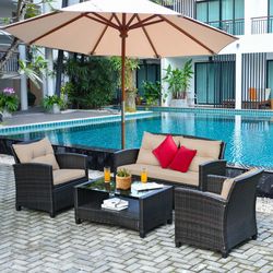 4-piece outdoor rattan furniture set with glass table, patio sofa & loveseat