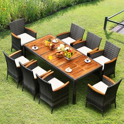 9 piece rattan patio dining set with acacia wood table & cushioned chairs outdoor furniture for backyard & poolside
