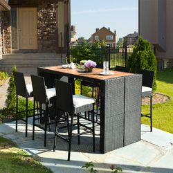 7 piece patio rattan wicker dining furniture set outdoor/indoor rattan table & 6 bar stools with cushions