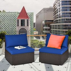 2-piece patio rattan armless sofa set with 2 cushions & 2 pillows, outdoor lounge furniture