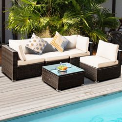 5-piece cushioned patio rattan furniture set with glass table, outdoor/indoor sectional sofa
