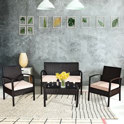 5-piece rattan patio furniture set with cushions & tempered glass table, all-weather lounge set