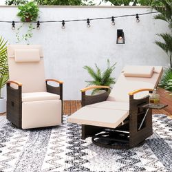 patio rattan 360° swivel recliner chair, adjustable backrest & footrest with foldable side table