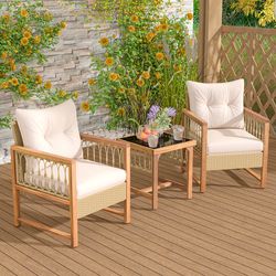outdoor 3-piece conversation set, acacia wood & pe wicker patio furniture with comfortable cushions