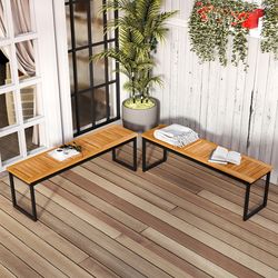 set of 2 patio dining bench for 2-3 person, indoor & outdoor acacia wood benches