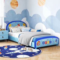 wood upholstered twin bed platform with slat support, sturdy & safe kids bed frame
