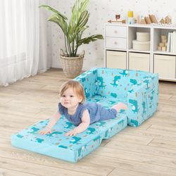 kids recliner sofa converts to sleeper bed for boys & girls, plush blue dinosaur design