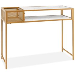 stylish faux marble console table with wire basket for entryway, gold & white modern design