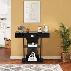 console table with drawer & 2-tier shelves, entryway & living room storage solution with anti-tip design
