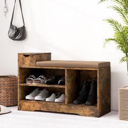 entryway storage shoe bench with 1 drawer & 3 open compartments, rustic organizer with padded seat