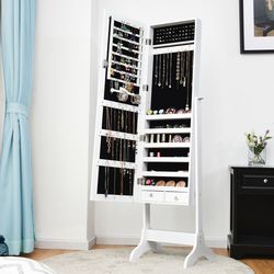 lockable mirrored jewelry cabinet armoire – secure storage organizer box with full-length mirror & velvet lining