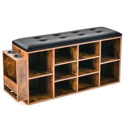 entryway shoe storage bench with adjustable shelf & umbrella stand, padded pu leather seat, cubby organizer