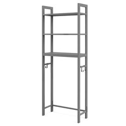 space saving metal over-the-toilet storage shelf with hooks, bathroom organizer rack with anti-tip design