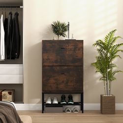 industrial shoe storage cabinet with 2 flip drawers & 1 bottom metal shelf, space-saving entryway organizer