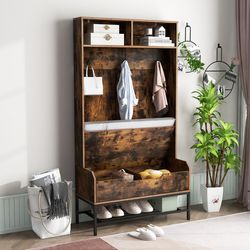 69 inches tall hall tree, 4-in-1 coat rack with seat cushion & shoe storage entryway organizer with bench & hooks