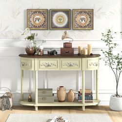retro curved console table with drawers & solid wood legs – vintage entryway sofa table for living room & hallway