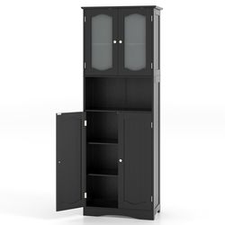 modern tall bathroom storage cabinet with frosted glass doors, open shelf & adjustable shelves, space-saving linen tower