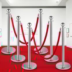 6 pcs silver stanchions posts, stainless steel queue post with red velvet rope (38in), indoor & outdoor crowd control