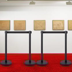 black crowd control stanchion set, 4-piece w/6.6 ft retractable belts, concrete-filled base for easy connect assembly