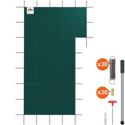 20x38 ft rectangular winter pool cover with right step, high-strength mesh pp material, triple-stitched, rain-permeable